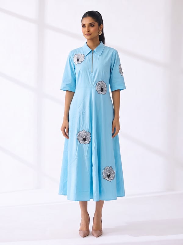 Sky Blue Cotton Midi Shirt Dress with Floral Motif Print — Ang-sa