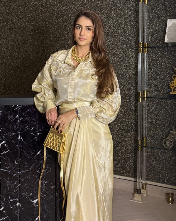 Weaving Cult Gold Tissue Embellished Shirt With Drape Skirt — Weaving Cult