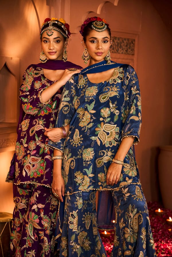 Ink Blue Embroidered Kurta Sharara Set With Dupatta — TASUVURE