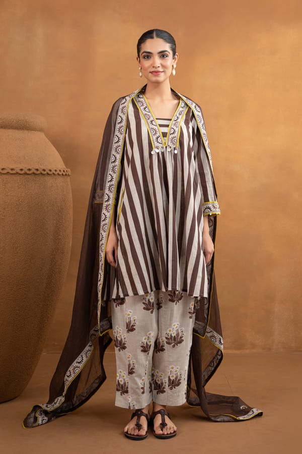Stripes Print Kurta Set in Beige & Espresso — CHHIPA JAIPUR