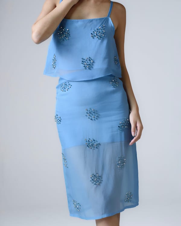 True Blue Hand-Beaded Organza Midi Skirt — MAGIA