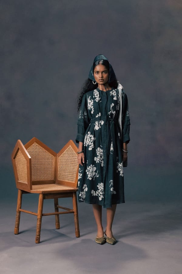 Indigo Discharge Print Front Pleated Dress — Arcvsh Pallavi Singh