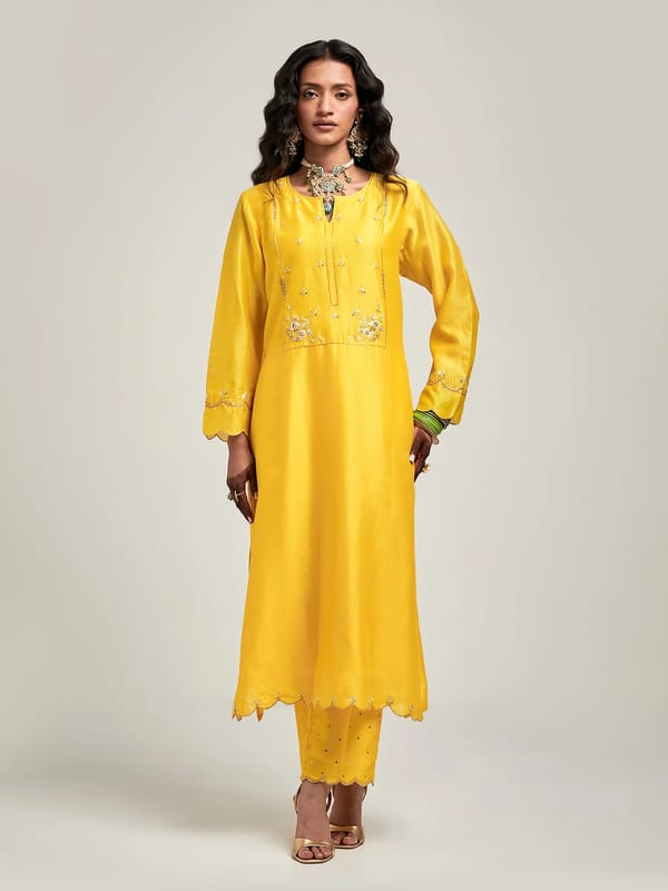 Yellow Silk Chanderi Embroidered Yoke Kurta Pant Set — Anantaa