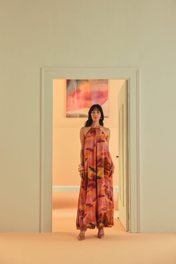 Purple Orange Sunset Print Halter Neck Maxi Jumpsuit — Sage by Mala