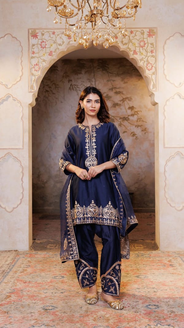 Navy Noor Chanderi Silk Suit — Kylee Fashions