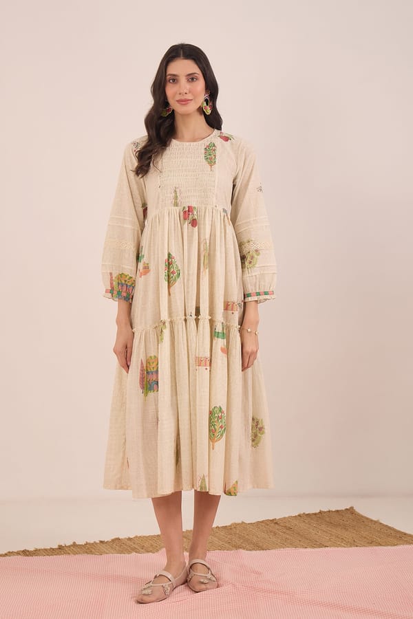 Cream Cotton Scenic Print Tiered Midi Dress — SHIVANI BHARGAVA