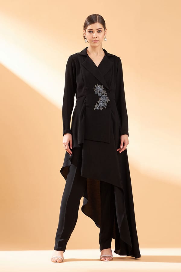 Black Blazer Tunic and Pant Co-ord Set with Sequin Embroidery — Aakaar