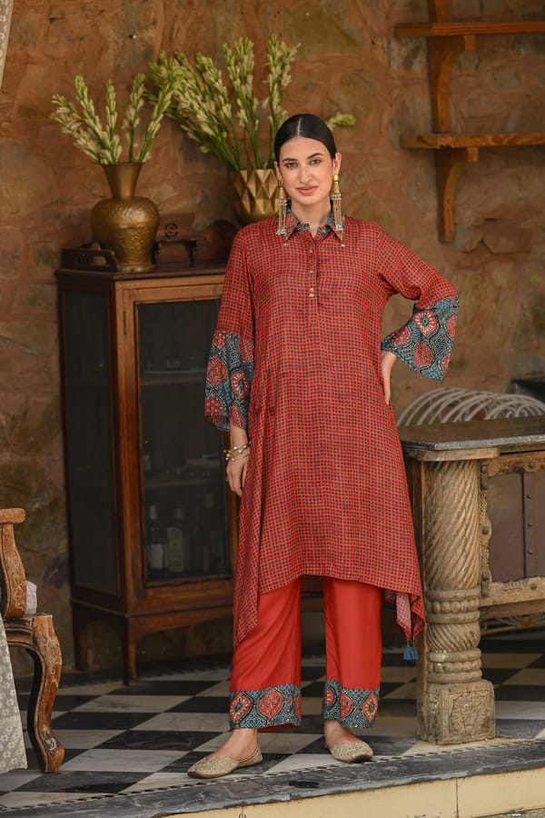 Red Block Print Muslin A Line Kurta Set — MAHEE JAIPUR