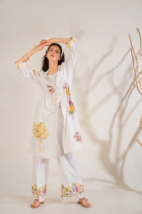 White Floral Overlay Co-ord Set with Inner and Wide-Leg Trousers — Moh India