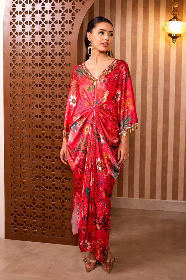 Fuchsia Pink Satin Floral Printed Kaftan with V-Neck — Sttavoss