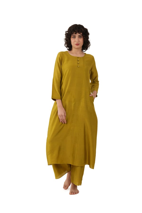 Olive Green Solid Straight Kurta With Bottom — Khat
