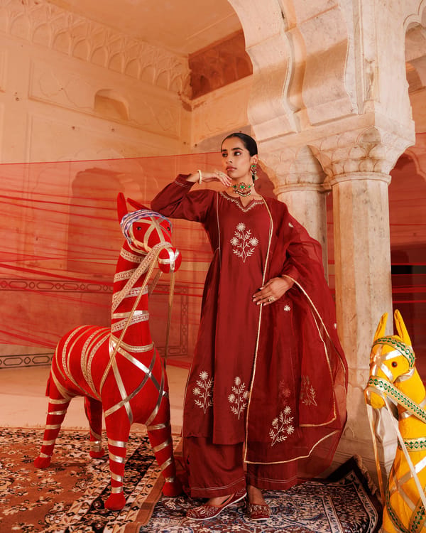 Maroon Chanderi Kurta Set With Embroidered Dupatta — Bannhi by Priyanka Rathore
