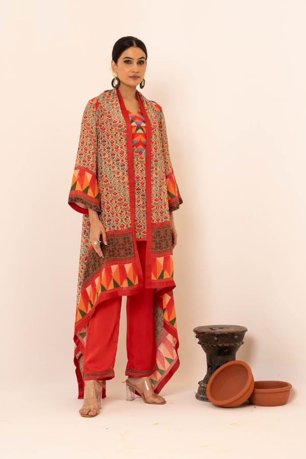 Multicolor Printed 3-Piece Cape Co-ord Set — NEETIKA CHOPRA