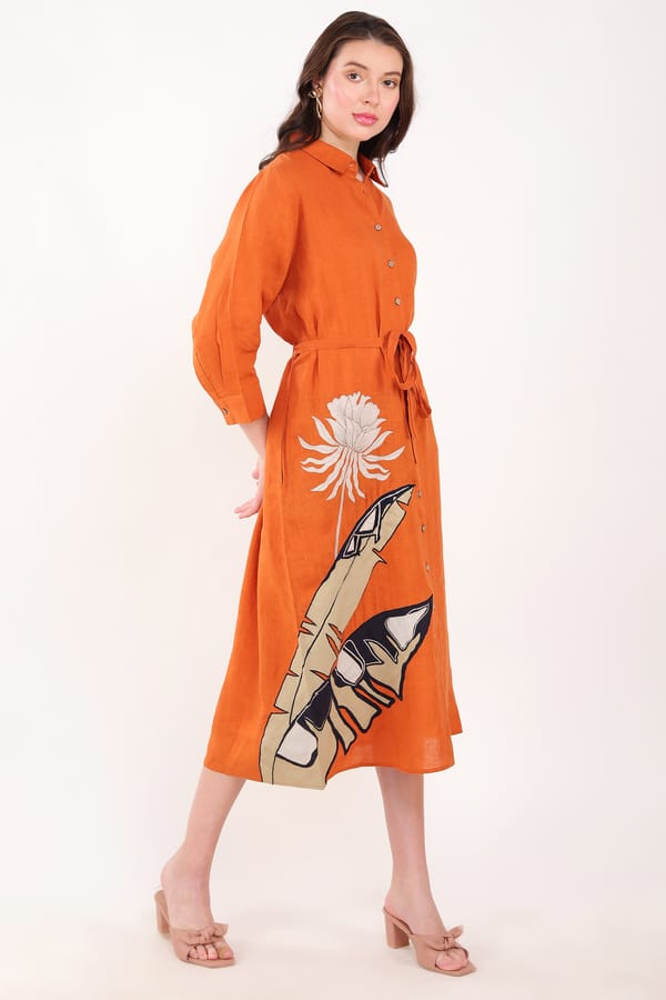 Orange Linen Button-Down Midi Shirt Dress with Tie Belt — Linen Bloom