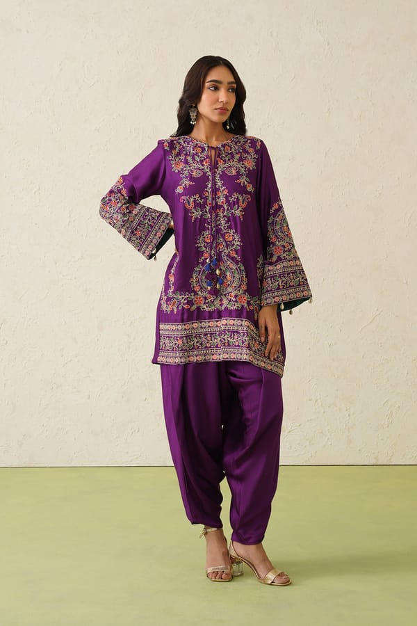 Wine Embroidered Straight Kurta Set with Dhoti Pants — INCHING INDIA