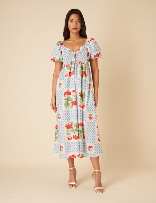 Blue Tile Check and Floral Sweetheart Midi Dress — Nobody's Child