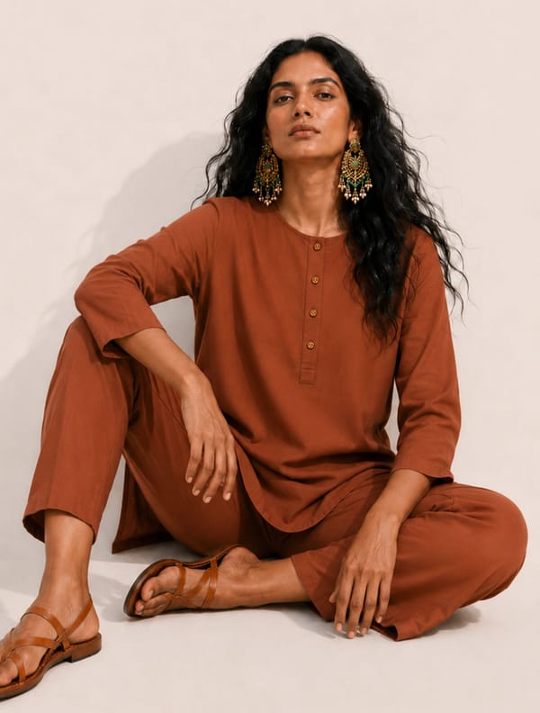 Rust Solid Viscose Round Neck Co-ord Set — Truebrowns