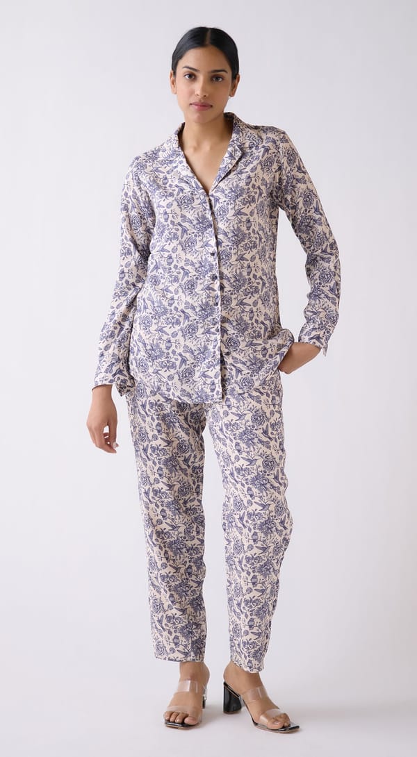 Ivory Floral Printed Muslin Shirt and Pants Co-ord Set — Basanti Kapde aur Koffee