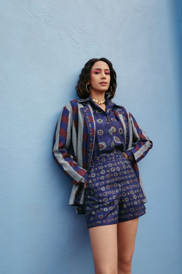 Blue Printed Linen 3-Piece Co-ord Set with Blazer and Shorts — Payal Zinal