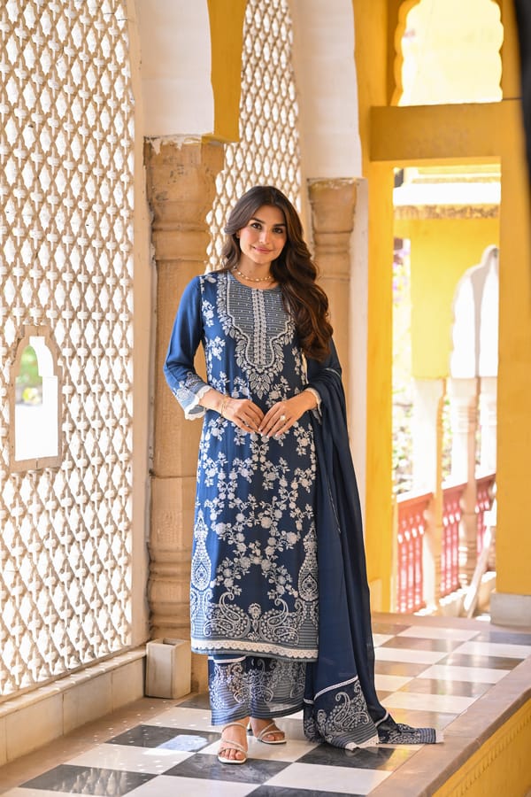 Blue Paisley Pearl Work Pure Muslin Suit Set-SET OF-3 — MAHEE JAIPUR
