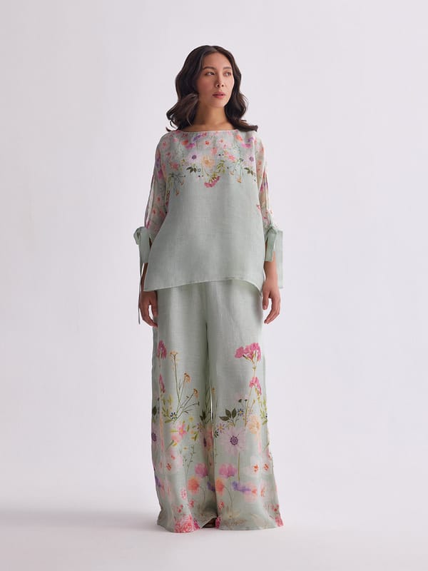 Aqua Bloom Gauze Linen Cape and Palazzo Co-ord Set — YELL
