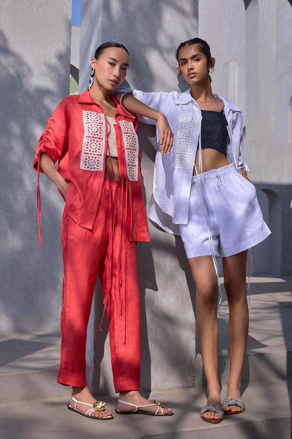 Orange High-Waist Straight-Leg Linen Trousers with Tie Waist — YELL