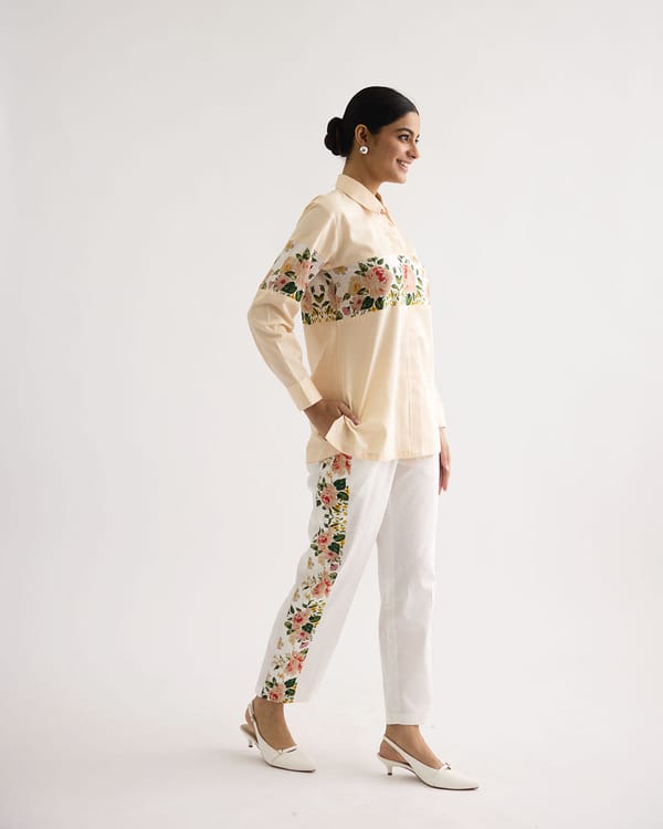 Peach/White Cotton Satin Floral Panel Co-ord Set — THE FINICKY COLORIST