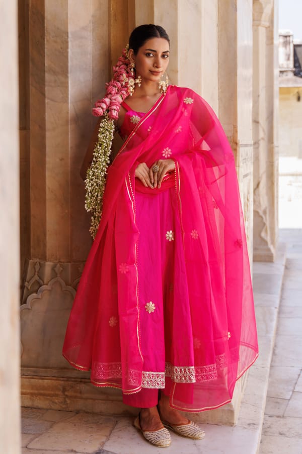 Hot Pink Taffeta Silk Gota Patti Anarkali Set — Bannhi by Priyanka Rathore