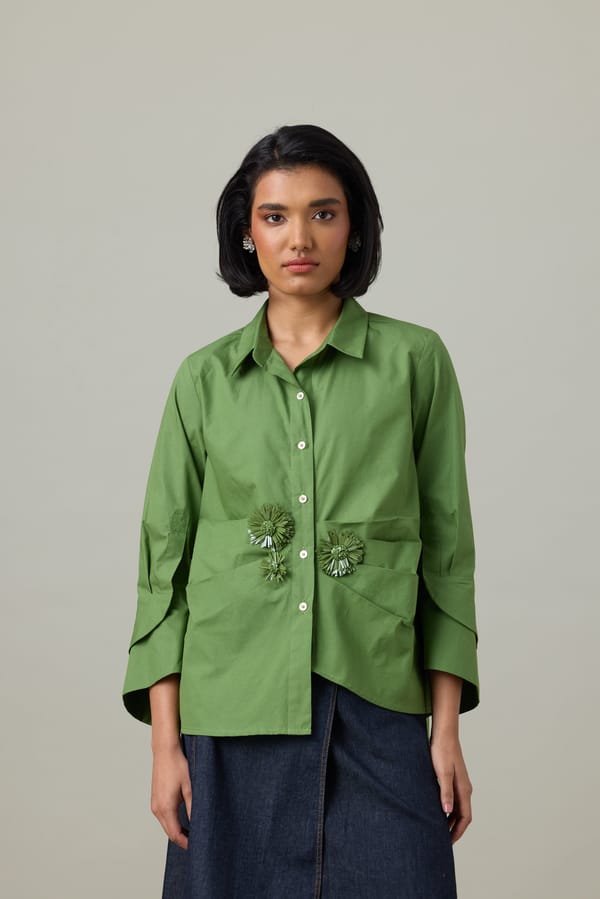Moss Green Cotton Poplin Appliqué Shirt — 63East