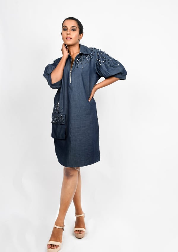 Denim One Piece Dress with Crystal Embroidery — Richa Goenka