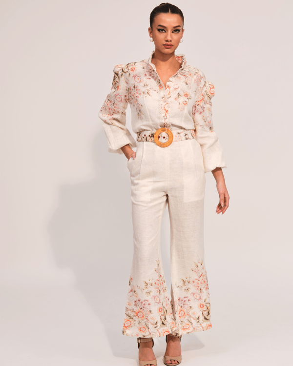Apricot Floral Linen Shirt and Wide-Leg Pants Co-ord Set — Prink Tonic