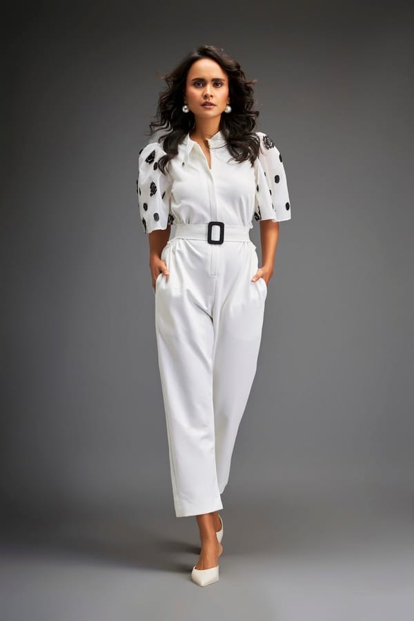 White Embroidered Sleeves Jumpsuit With Belt — Deepika Arora