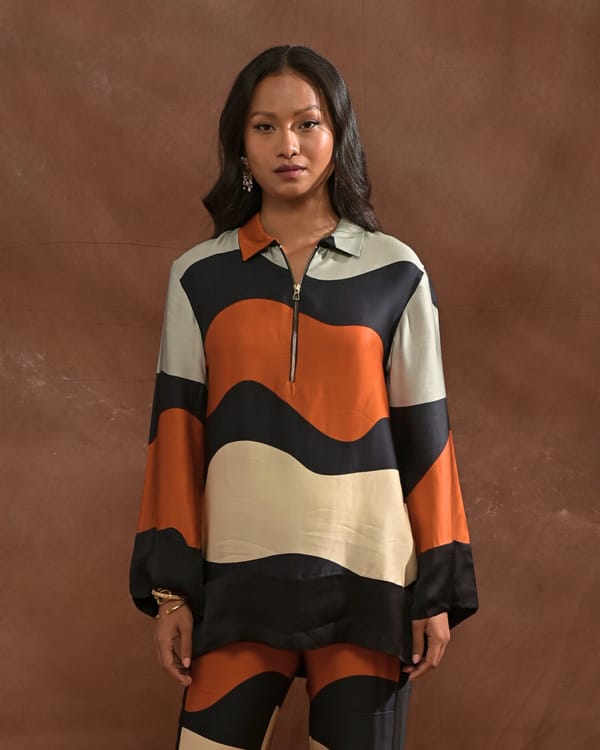 Abstract Wave Print Modal Satin Half-Zip Collared Top — Missy Co.
