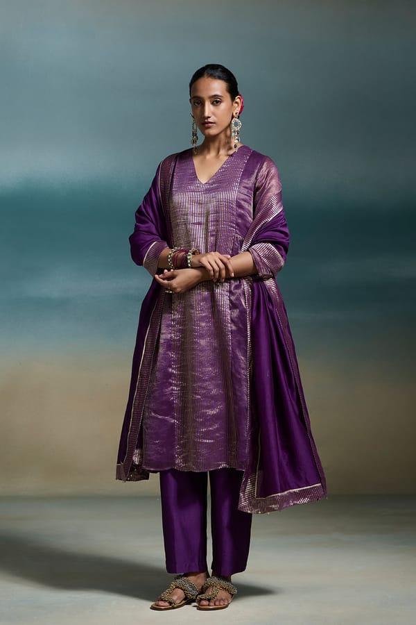 Purple Chanderi Silk Zari Striped Kalidar Kurta Set — Dressfolk