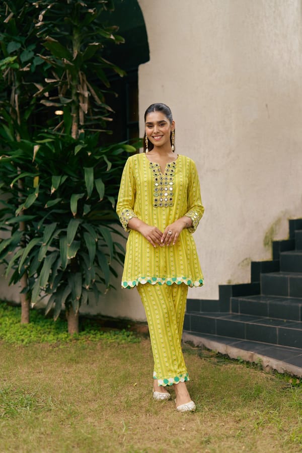 Lemon Yellow Printed Mirror Work Kurta Co-ord Set — SURABHI ARYA