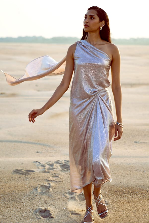 Rose Gold Shimmer One-Shoulder Draped Scarf Top — Dash and Dot