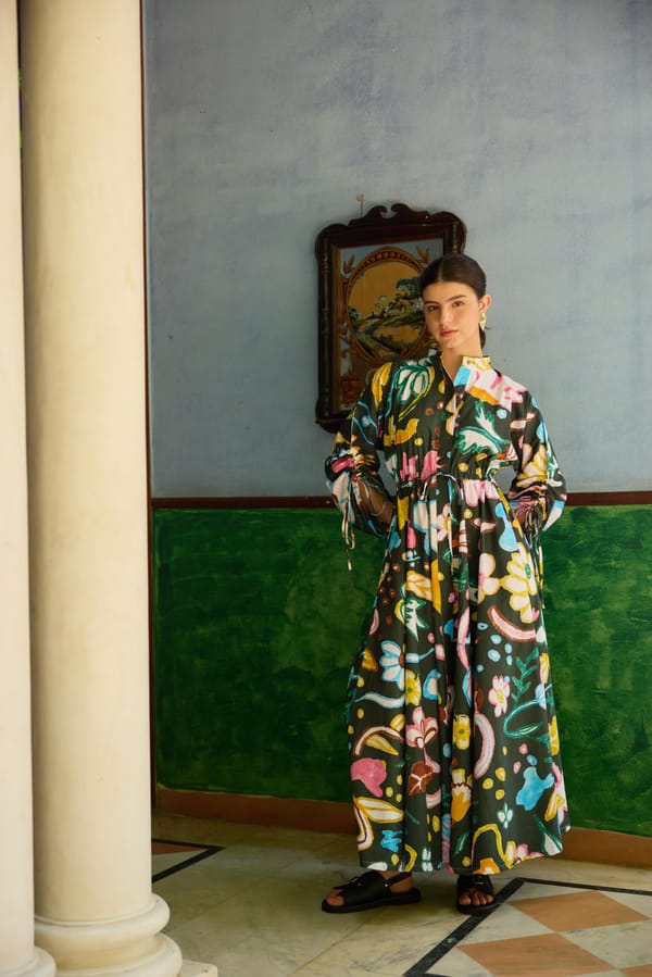 Multicolor Floral Printed Poplin Maxi Shirt Dress — HAPPI SPACE