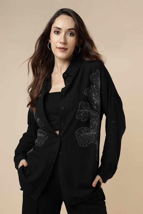Black Longline Shirt with Silver Sequin Motifs — BURRASCA