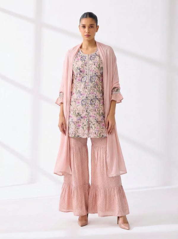 Baby Pink Floral Kurta Sharara Co-ord Set with Dupatta — BUMBLEBEE