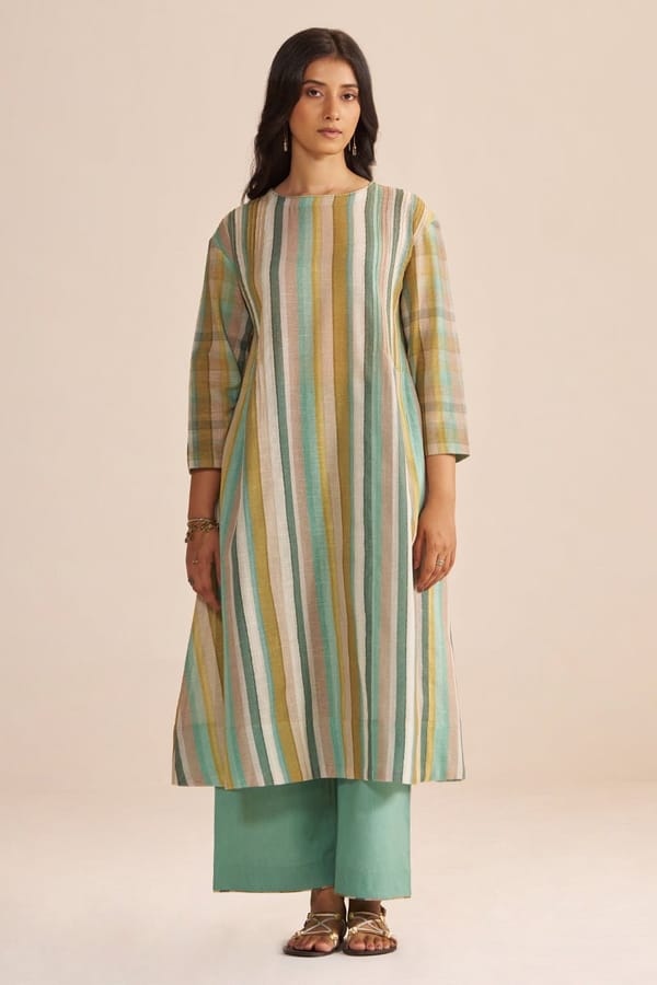 Teal and Green Striped Cotton-Linen Co-ord Set — Ganga Fashions Pvt Ltd
