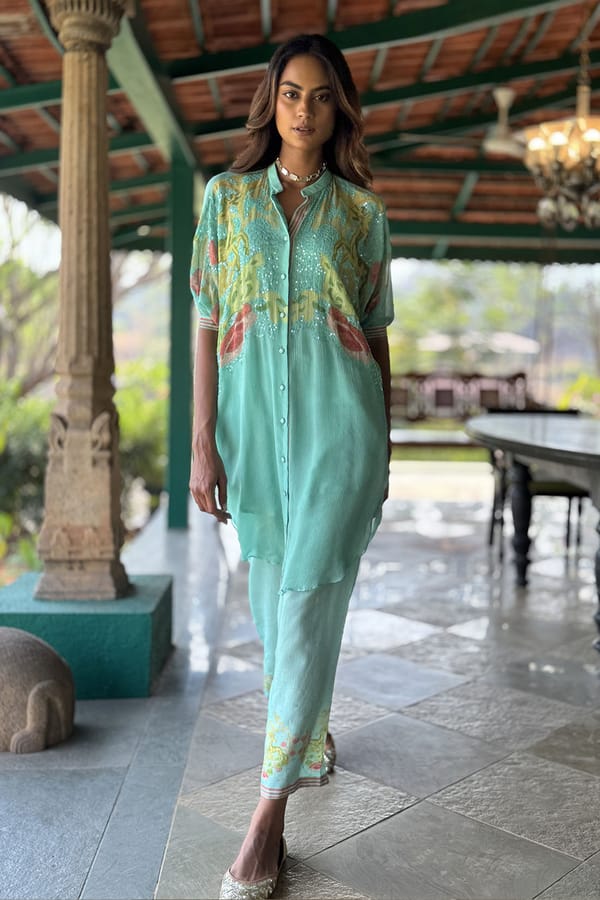 Aqua Printed Shirt and Straight Pant Co-ord Set — Basil Leaf