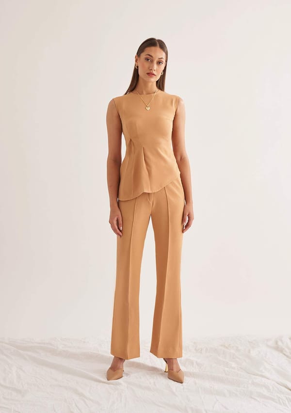 Tan Draped Sleeveless Top and Flared Pants Co-ord Set — AMOSHI