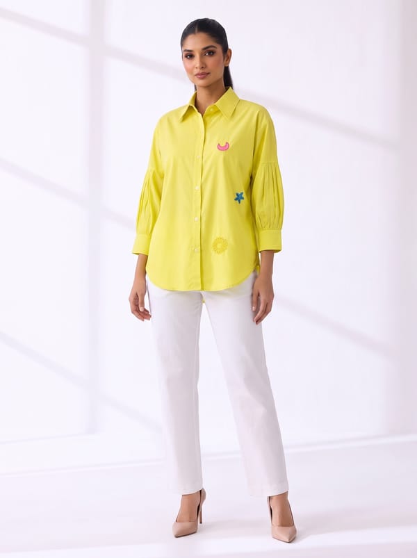 Bright Yellow Shirt With Playful Floral Embroidery — THE LUXURY DRESSING