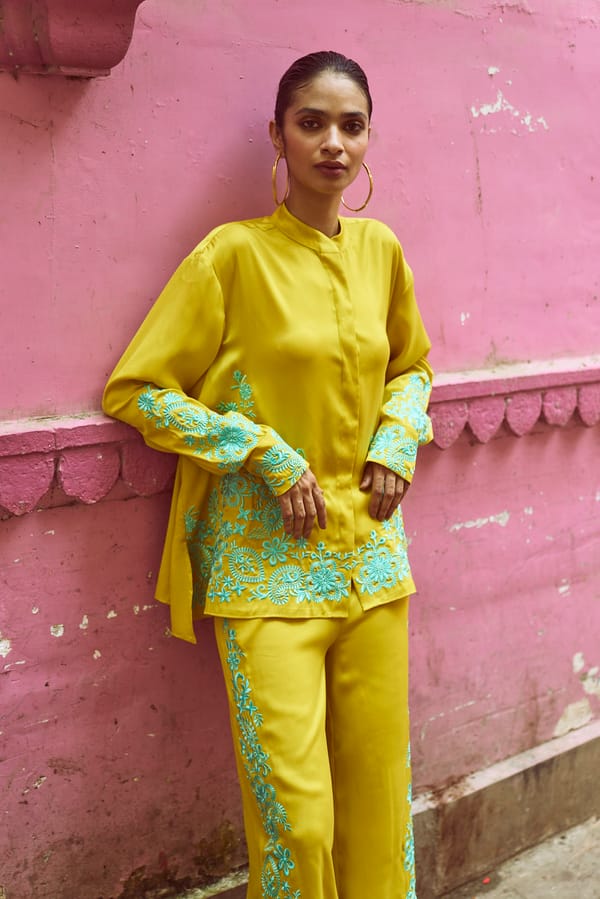 Yellow Placement Embroidered Mandarin Collar Tunic Top — Dash and Dot
