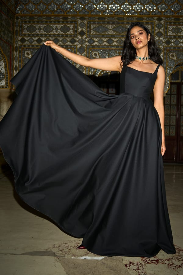 Black Fit and Flare Maxi Gown with Square Neck — Dash and Dot