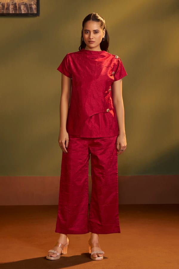 Red Asymmetrical Top and Wide-Leg Pants Co-ord Set — Savaaya