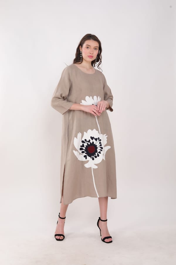 Khakhi Linen Straight Midi Dress with Oversized Floral Applique — Linen Bloom