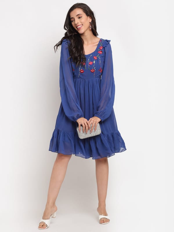 Blue Embroidered Tier Dress — EWOKE STUDIO