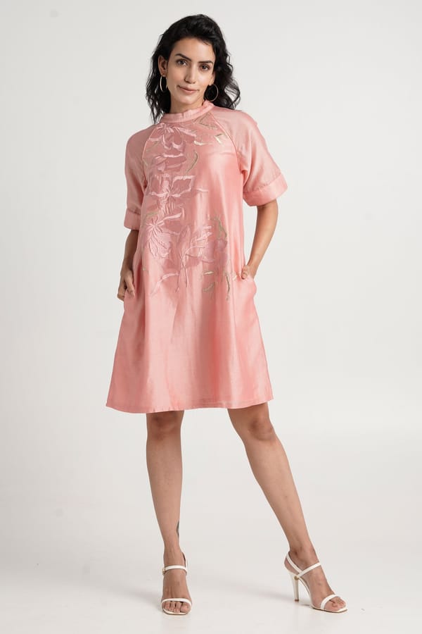 Old Rose Knee-Length Shift Dress with Tonal Embroidery — Madder Much