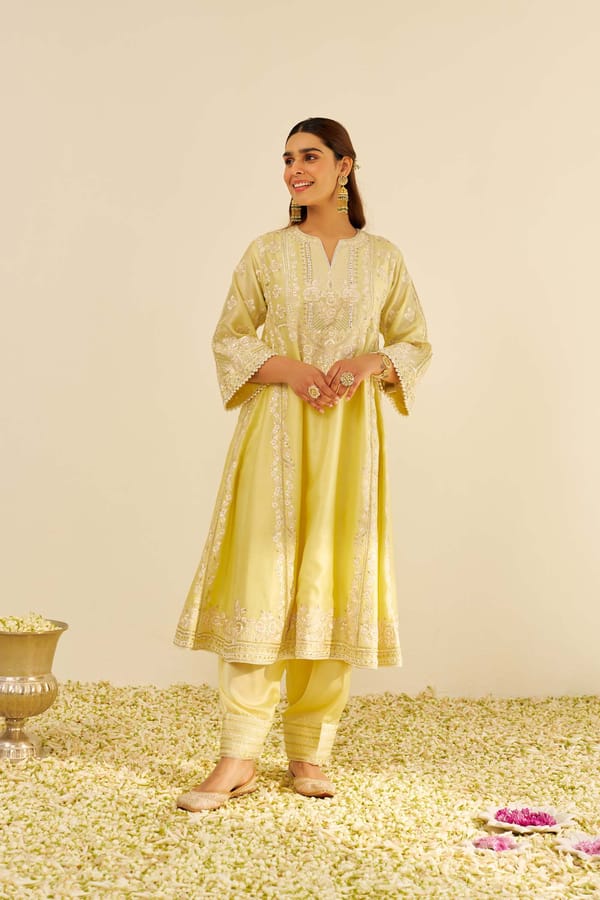 Lemon Yellow Embroidered Choga Kurta Set with Salwar — Sheetal Batra